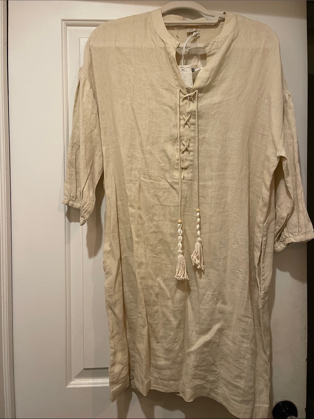 Magaschoni Cream Linen Midi Dress with Tassel Placket